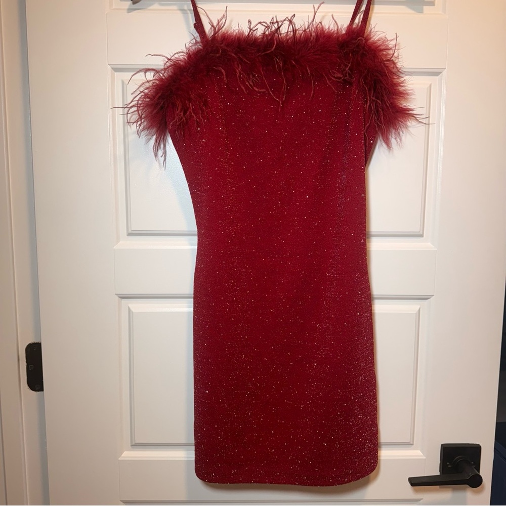 Women's Elegant Burgundy Red Feather-Trimmed Dress size Medium